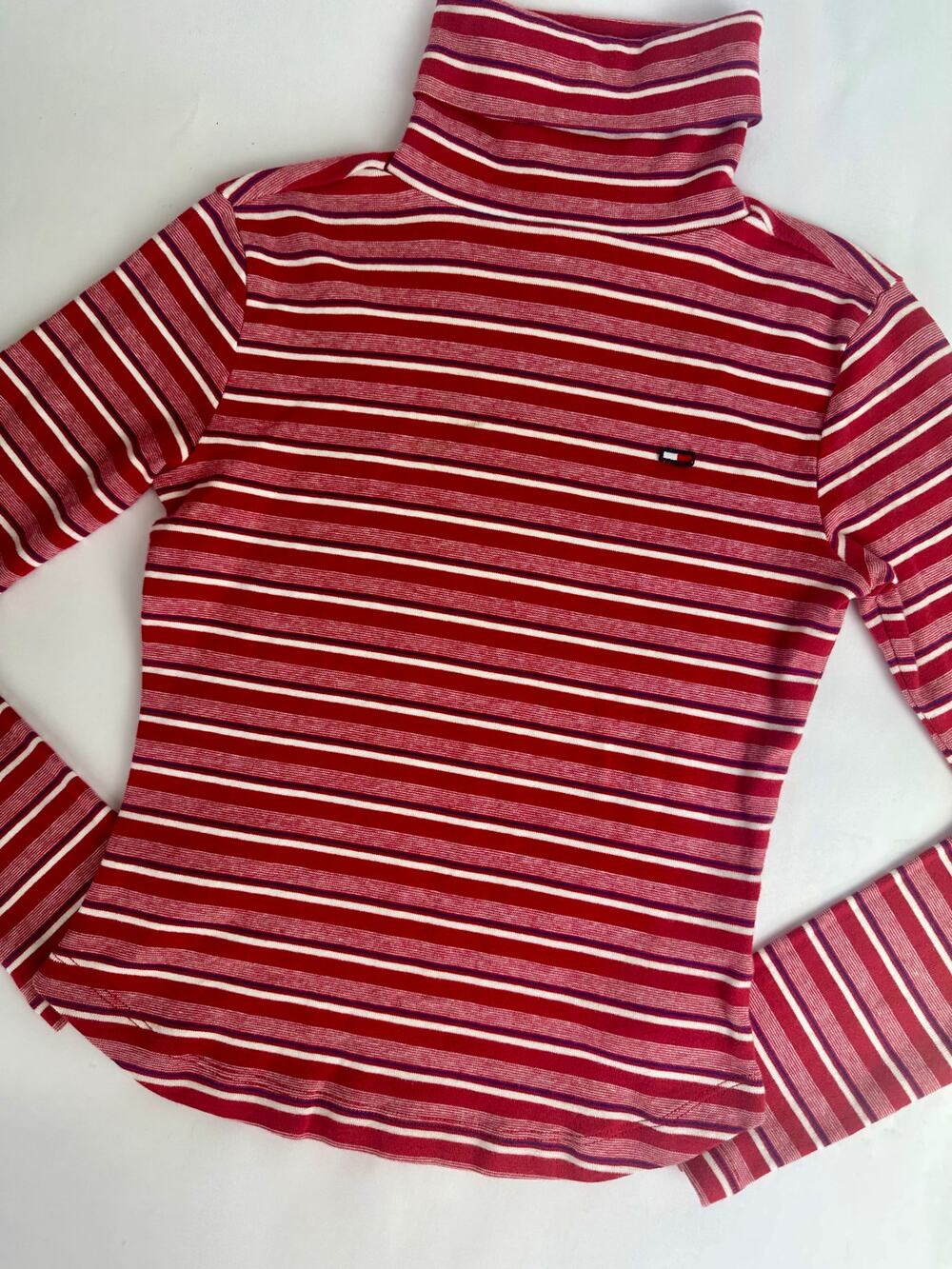 Vintage Y2K Tommy Hilfiger Jeans Red Striped Turtleneck Baby Shirt Preppy - S